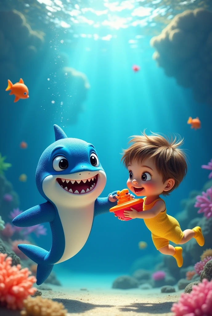 I want a cute baby shark and baby child playing with a toy