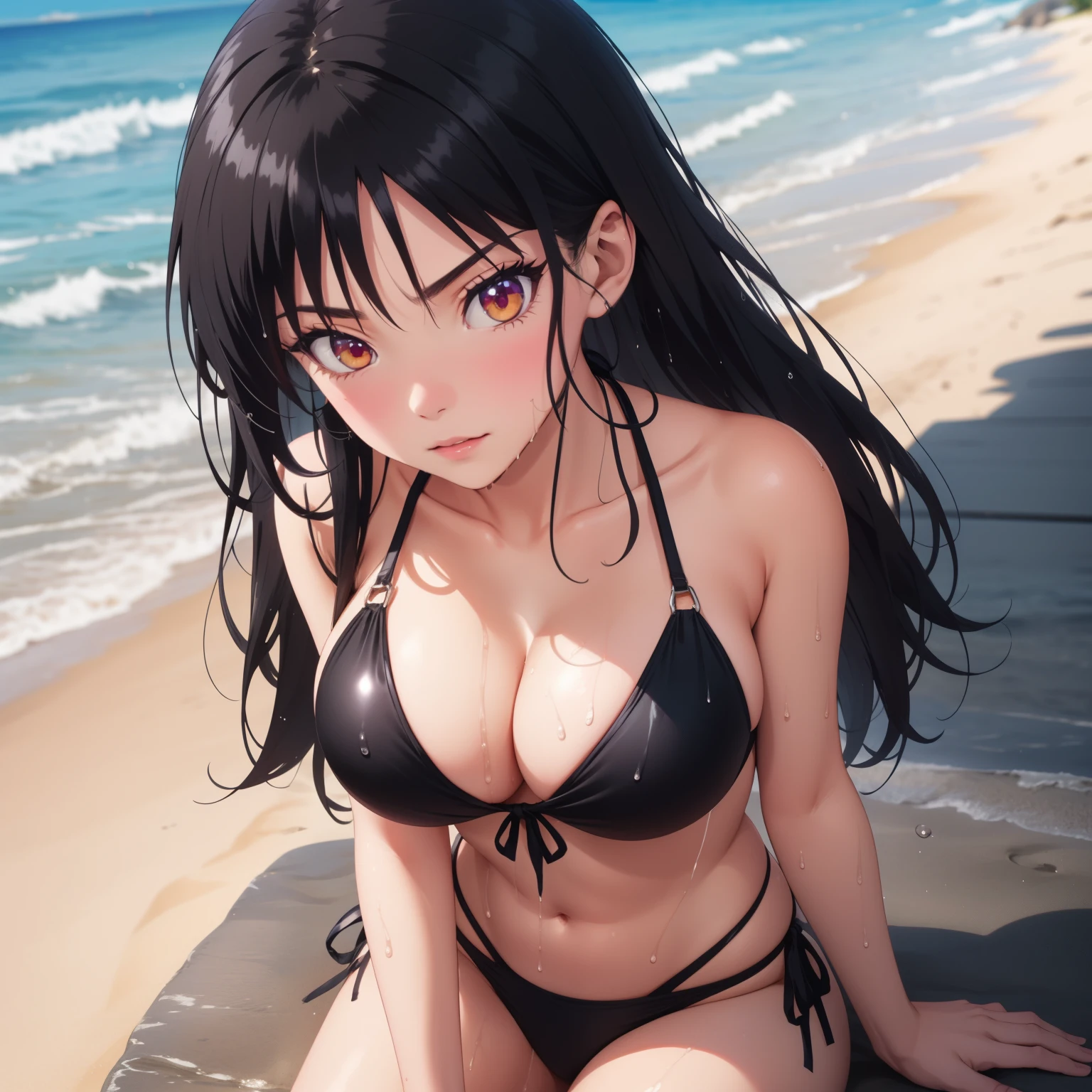 Suzune Horikita, Woman 25 years old, straight black hair , Red eyes, Pale skin, big breasts, panther design bikini, background a beach. wet body