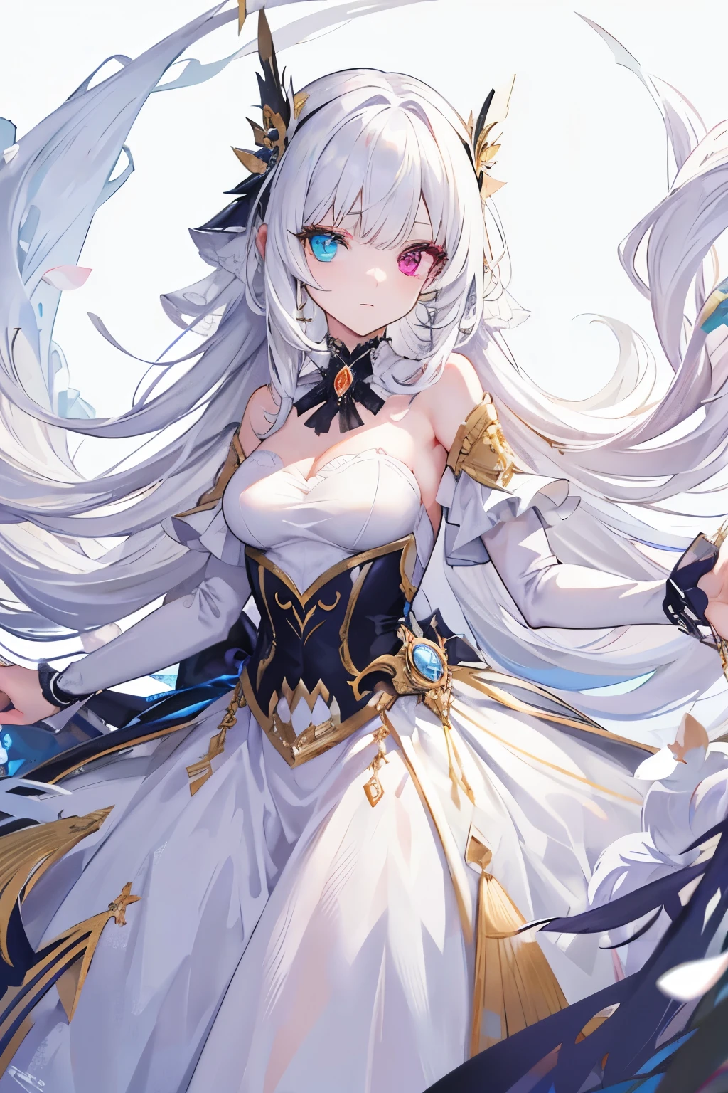 Long white hair, fancy ball dress, Heterochromia