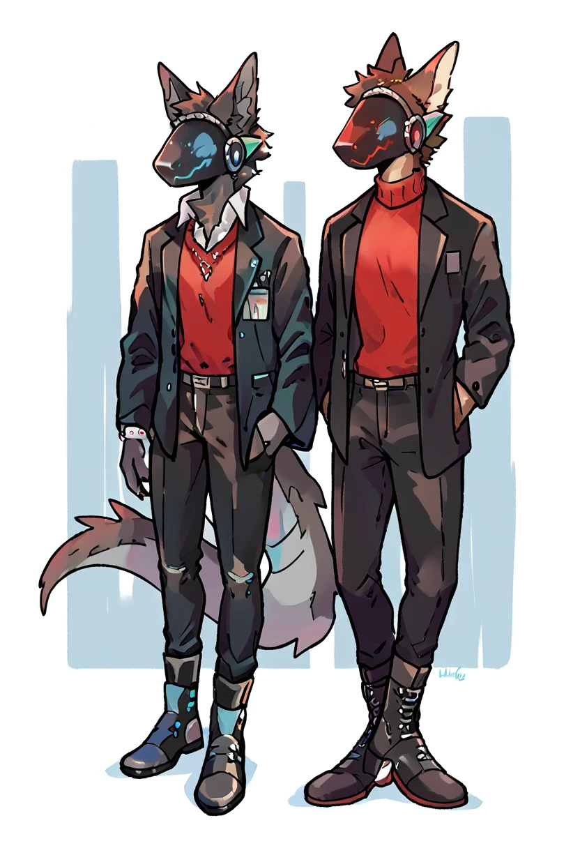 Dark chestnut brown furry protogen with a fire red sweater, elegant black pants, black ankle boots, Elegant black jacket and details on the protogen visor in red