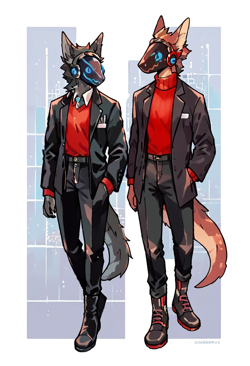 Dark chestnut brown furry protogen with a fire red sweater, elegant black pants, black ankle boots, Elegant black jacket and details on the protogen visor in red