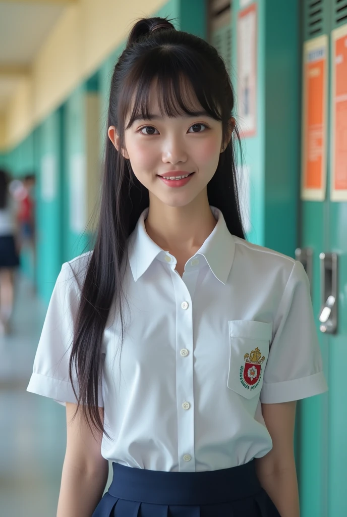 Woman, long hair tied back, single eyelids Braces your teeth, has a square face, wears a school uniform.
