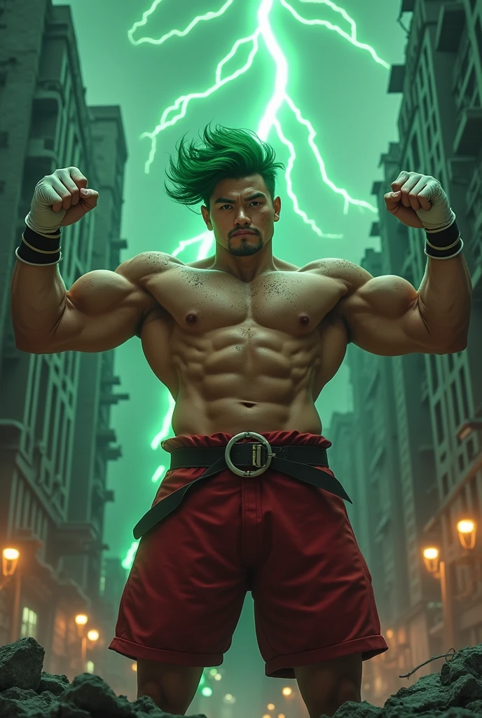 One man　Green Hair　Asia　Japanese　Freckles on cheeks　Perm　Round face　muscle質の体　On nudity　muscle　Red Belt　White gloves　
Raise your hands　Guts pose　Strong　Strong background　Destroyed city　thunderstorm　Green electricity　