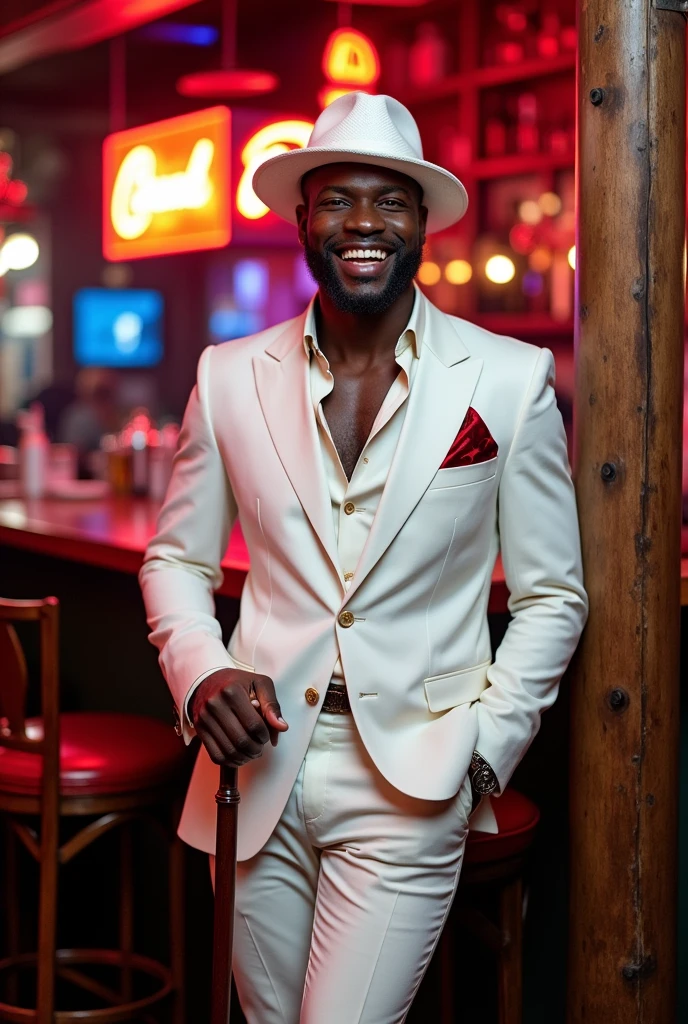 Very handsome black man, with a beautiful smile in a white suit with red details, in white hat, With cane in hand, leaning against a pole on the corner of a bar 