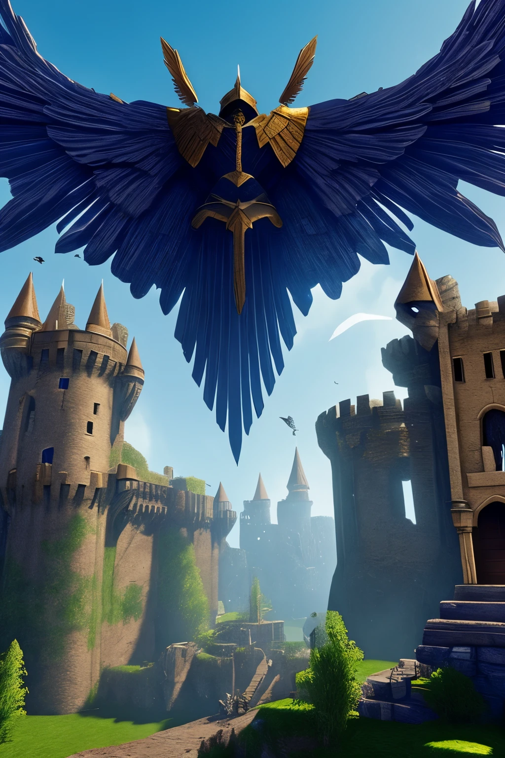 Castle destroyed by a winged beast wearing legendary armor as the people of the castle escape from the beast