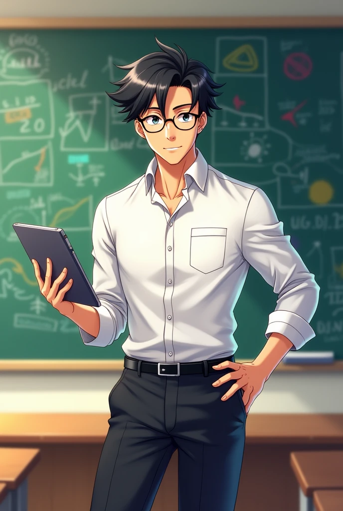 Black haired male teacher, wearing glasses, wearing a white shirt and black pants, holding an iPad, anime image