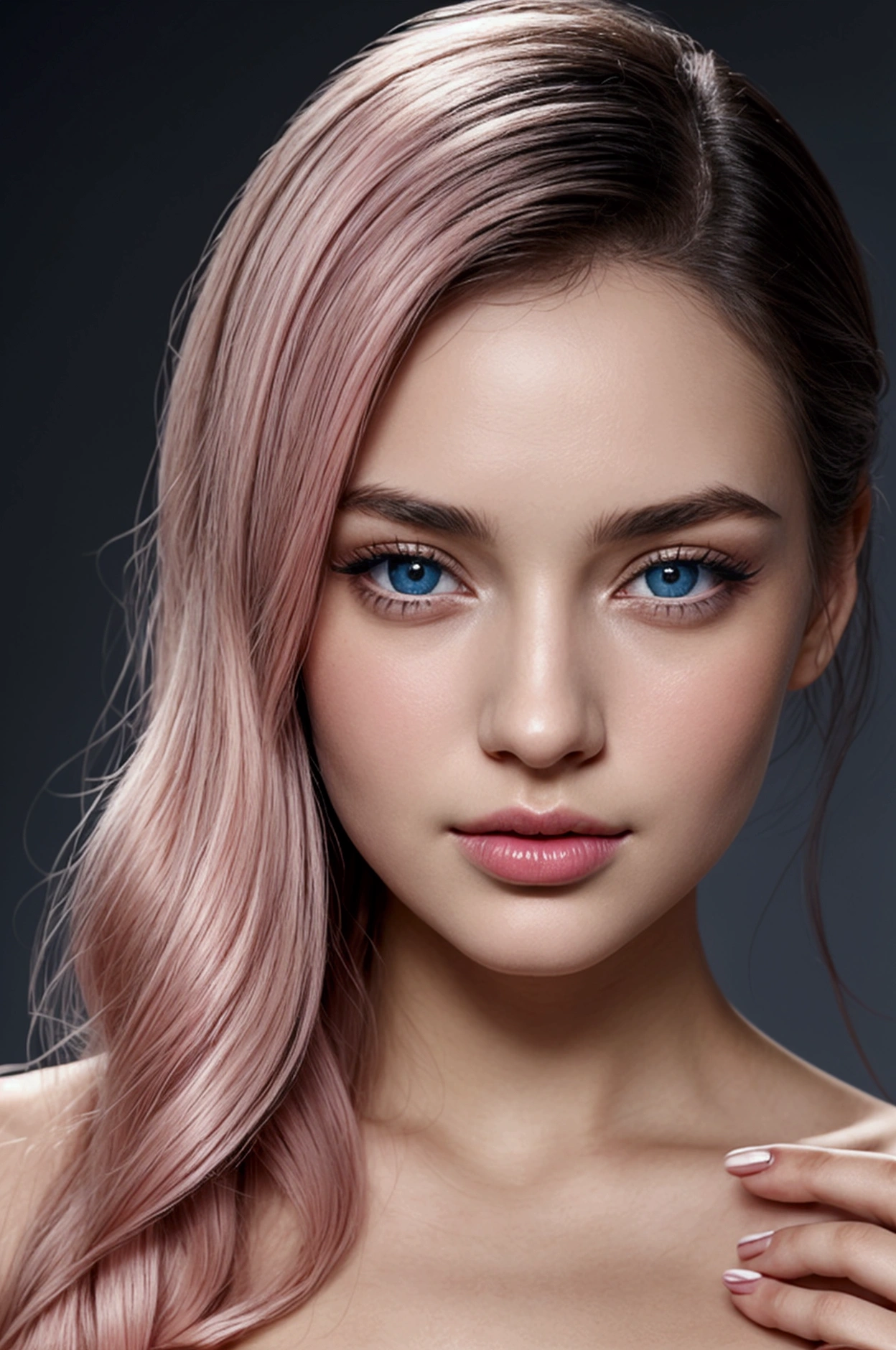The young woman has an elegant face with marked English features.. Her skin is clear and smooth, with a natural pink tone that accentuates its freshness. Her eyes are a stunning ocean blue color, deep and expressive, with long eyelashes that enhance your look. Eyebrows, perfectly arched and of a dark tone, frame their eyes precisely. Her nose is straight and delicate., characteristic of classic English beauty. Her lips are full and pink, with a perfectly defined shape that adds a touch of sophistication to your face. black hair, sleek, falls gently on her shoulders, contrasting charmingly with her blue eyes and fair skin. Its overall appearance is refined., with an air of serenity and nobility.