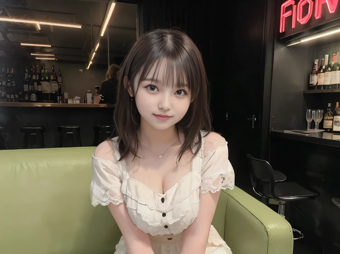 ((Dark interior with eye-catching neon lights、Large windows、Alcohol is displayed))、8k、(Photorealistic)、(Ultra-high realism)、(Ultra-high resolution)、(Ultra-high resolution)、((Cute Smile)) (、Very cute face, )、(Smooth Skin、Realistic texture)、Realistic eyes)、(Brown Hair、Moisturized hair、Shiny beautiful hair、Short Bob、Hair behind the ear、Very fine hair)、Beautiful breasts、Beautiful breasts cleavage、Narrow waist、narrow、BIG ASS、(Black short sleeve lace top、micro mini)((Neon tube background))、bar counter、Sitting on the couch、Lift your legs(Erotic and bold gravure poses))、((Full body shot up to the ankles))、(idol)、