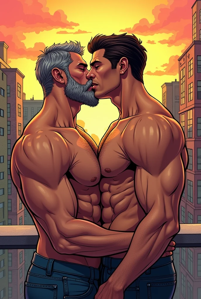 two men kissing, Unclothed, corpos suados, muscles, perfects eyes, greybeard, passionate look, Nus, in the background a city, comic