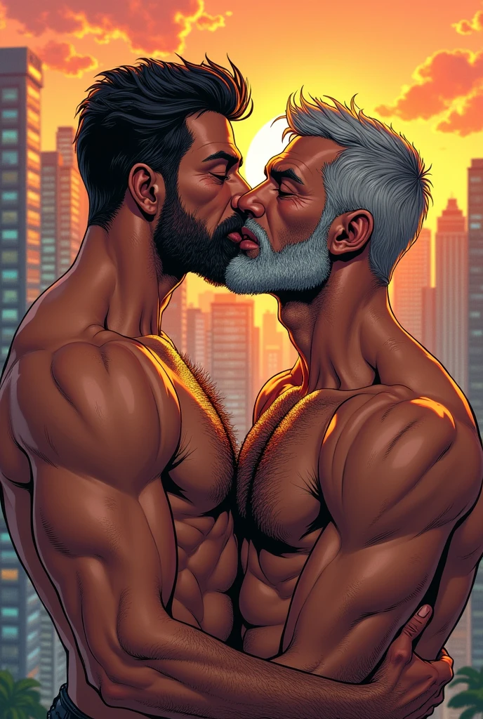 two men kissing, Unclothed, corpos suados, muscles,  perfects eyes, greybeard, passionate look, Nus, in the background a city, comic