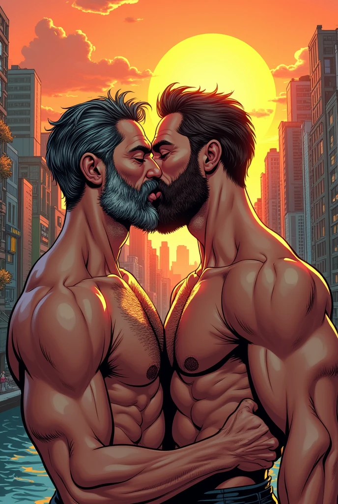 two men kissing, Unclothed, corpos suados, muscles,  perfects eyes, greybeard, passionate look, Nus, in the background a city, comic