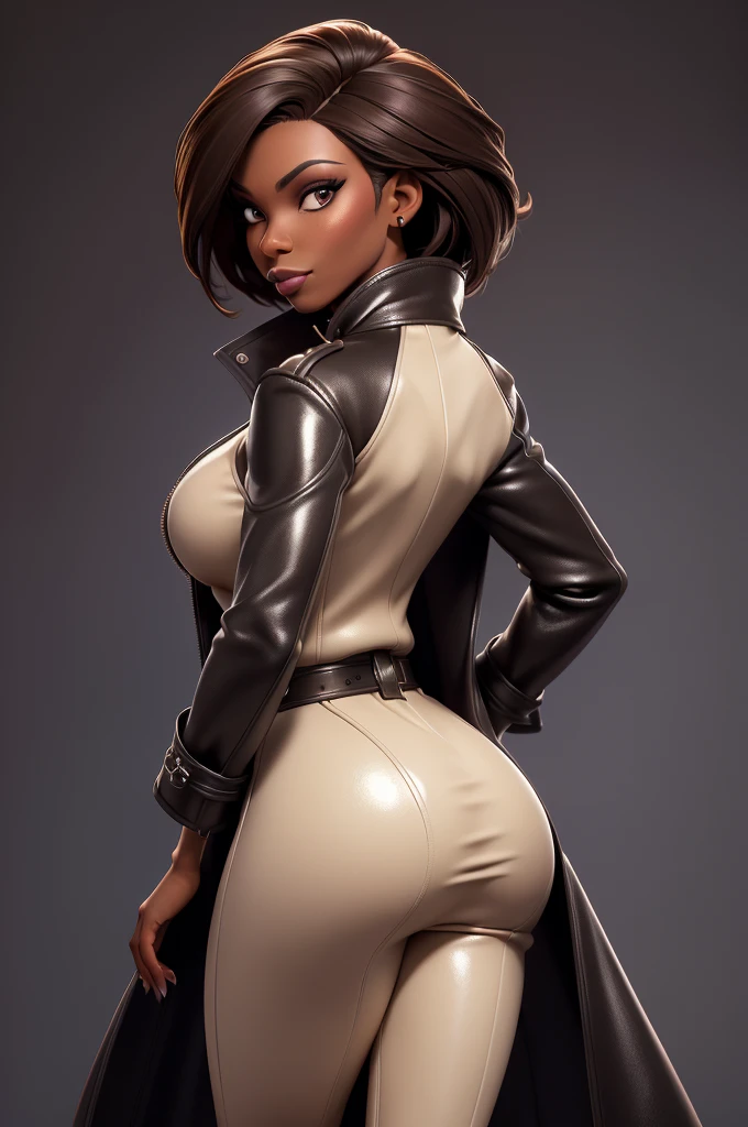 obra prima, melhor qualidade, ((only one woman,)) ((harris faulkner, dark black skin, short brown bob hair, heavy makeup eye shadow)) (((wearing shiny dark cream leather long overcoat,))) (((overcoat is zipped up, overcoat covers waist and ass,))) ((overcoat has padded shoulders,)) ((overcoat has stiff high collar,)) body is very skinny, ((standing up, arched back, sexy pose,)) (((camera side view, view of high upper body,))) shallow depth of field, highres, HD, 8k, anatomically correct