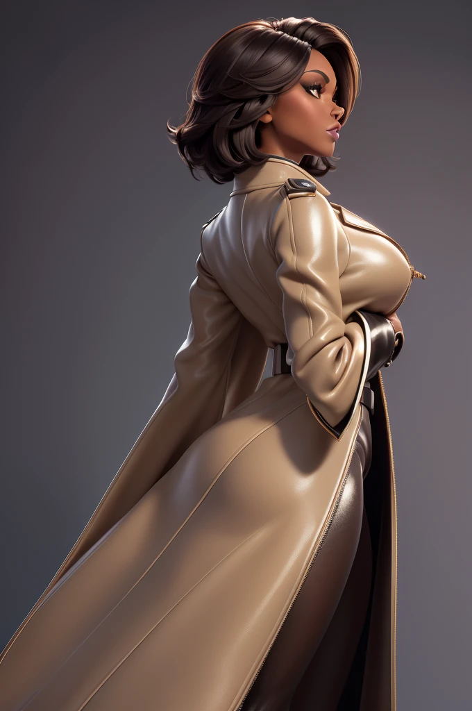 obra prima, melhor qualidade, ((only one woman,)) ((harris faulkner, dark black skin, short brown bob hair, heavy makeup eye shadow)) (((wearing shiny dark cream leather long overcoat,))) (((overcoat is zipped up, overcoat covers waist and ass,))) ((overcoat has padded shoulders,)) ((overcoat has stiff high collar,)) body is very skinny, ((standing up, arched back, sexy pose,)) (((camera side view, view of high upper body,))) shallow depth of field, highres, HD, 8k, anatomically correct