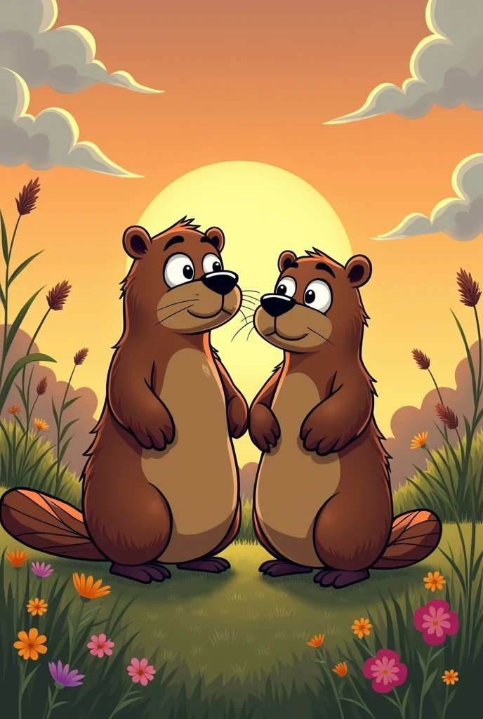 Make me a pair of beavers looking at their house in ruins in the distance and depressed ,with cartoon drawing
