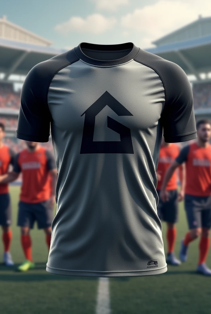 Create a sports shirt, gray and black, with a pentagon shape in the middle and a GrandS logo in the middle.