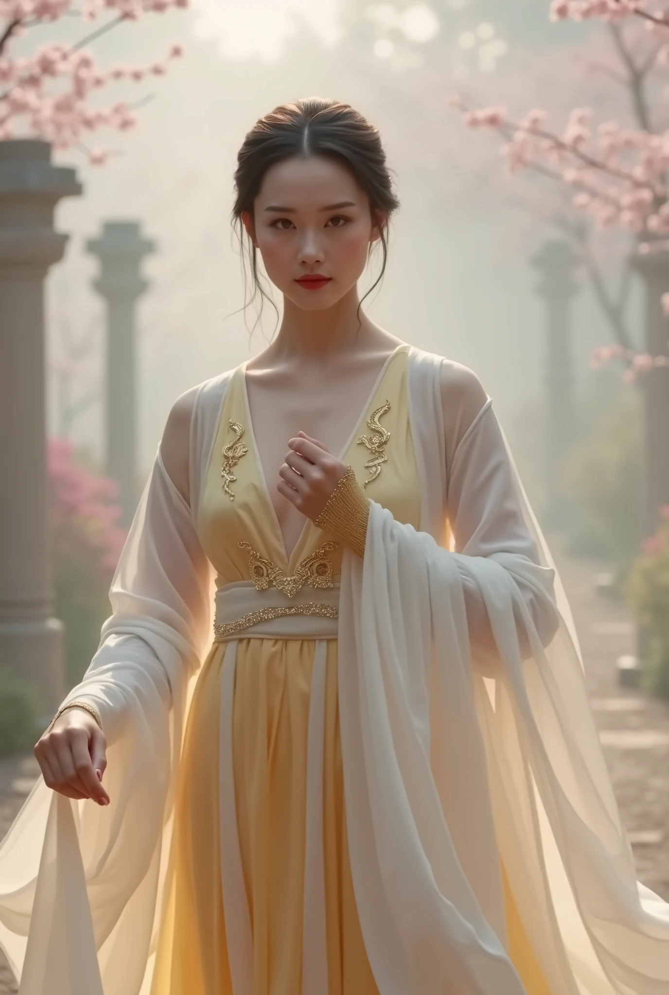 araffe dressed in a dress and gloves holding a white sheet, flowing dress, wearing ancient chinese clothes, wearing a flowing dress, gorgeous chinese model, wearing wheat yellow gauze, chinese dress, hanfu, opened dress, flowing magical robe, tall thin beautiful goddess, chinese costume, white hanfu, wearing a luxurious silk cloak, silk dress, chinese ribbon dance