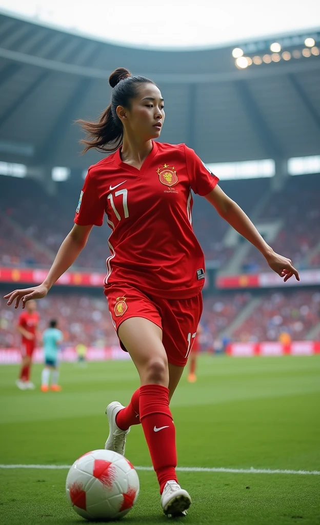 Chinese women's football，Beautiful facial features，White skin，Close-up of training，Steals，Shot，Dribble， World Cup stadium as background