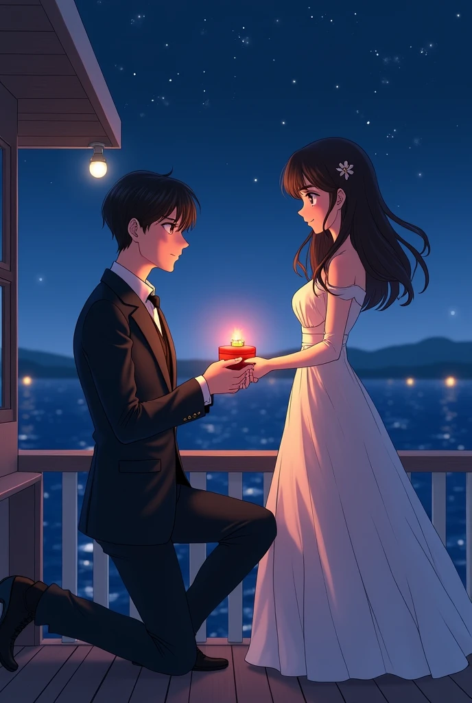 An anime man with black hair and dark maroon Eyes and he is wearing a suit and he is proposing to an anime woman with long middle brunette hair and dark brown eyes  and she is wearing a fancy dress and the man is holding a small box with a ring in it and it is night time and they are standing in a ship and the man is on his knees 