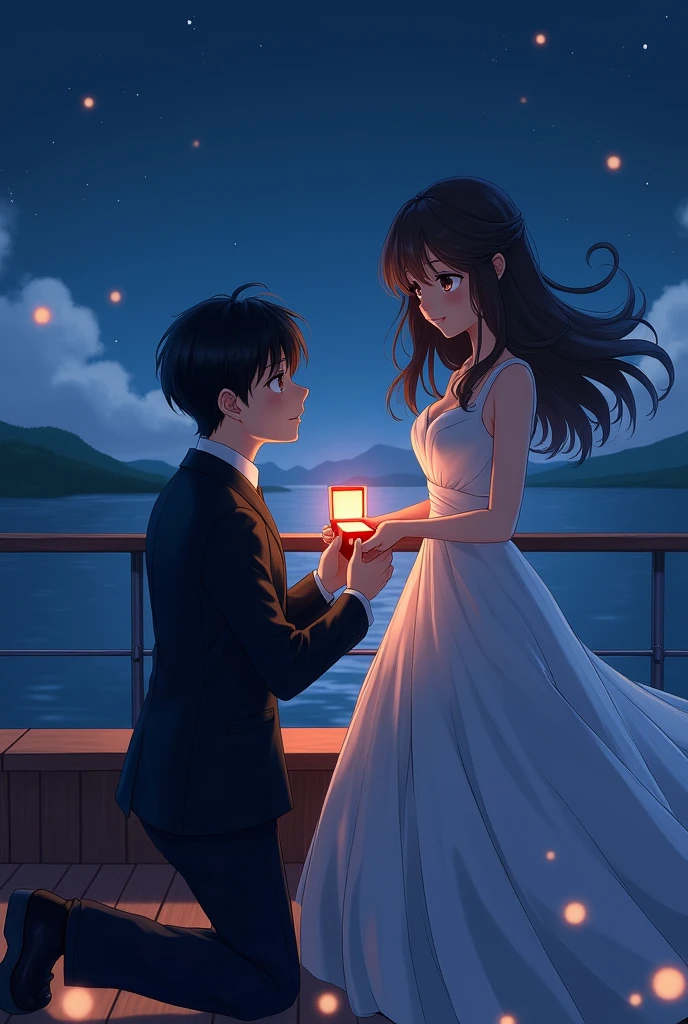 An anime man with black hair and dark maroon Eyes and he is wearing a suit and he is proposing to an anime woman with long middle brunette hair and dark brown eyes and she is wearing a fancy dress and the man is holding a small box with a ring in it and it is night time and they are standing in a ship and the man is on his knees