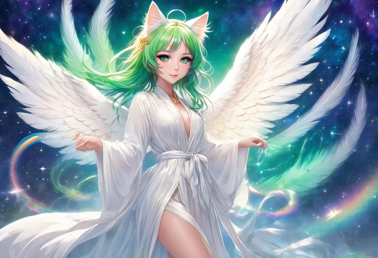 an angelic cat girl (cute woman, age 25, cat ears, over large green eyes, rainbow hair, large white feathered wings, airy sheer white robe, puffy white tail) flying through a dreamy starry sky