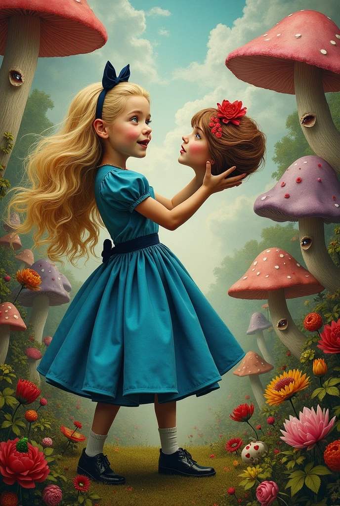 Alice in Wonderland holding the severed head of the Queen of Hearts
