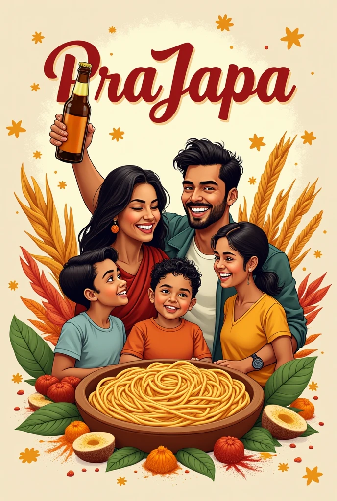 Logo cover for a restaurant with oriental characteristics, Italian pasta dough, Brazilian family, with the name of the restaurant written "PraJapa", Indian spices and bottle of beer