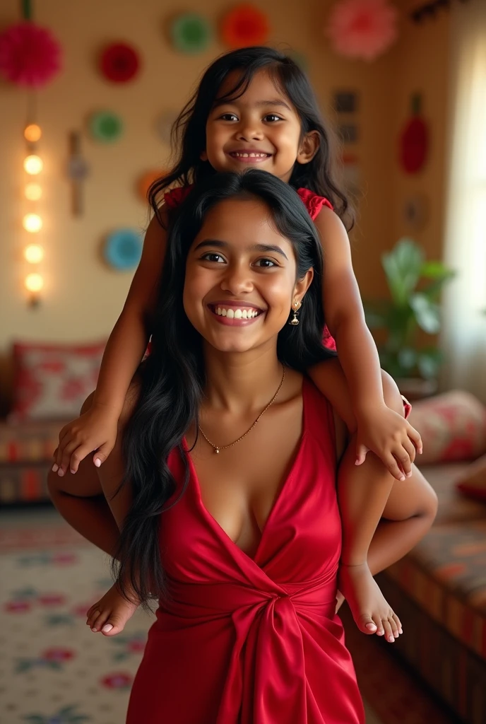 Create a realistic photograph of a smiling and beautiful indian young girl in red satin carrying a large chubby man on her shoulders in a room, man is sitting on top of her shoulders , man on top, woman at bottom 