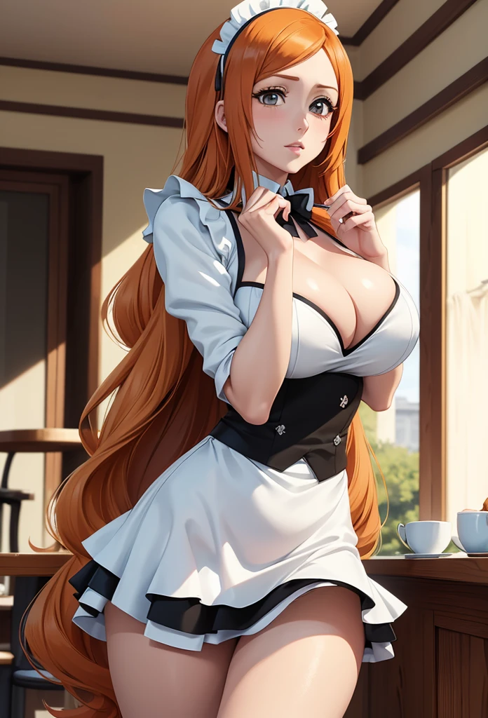 Masterpiece,Solo,1Girl,Inoue Orihime,(Bleach),Big Breasts,Perfect Body,Sexy Body Hot,Best Quality,High Resolution,Photograph 8K,Ultra Detailed,Female Maid Prancis Theme,Female Maid Outfit Anime,Maid Short Dress,Black And White Dress Prancis Cute Lolita,Beautiful,Beautiful Woman,Cafe Background,Long Hair