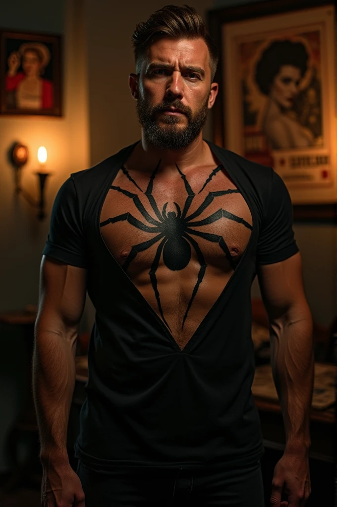 A man with a spider tattoo on his chest 