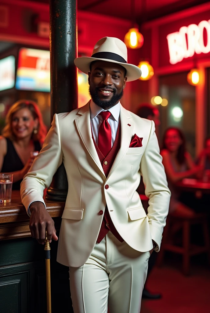 Very handsome black man, with a beautiful smile in a white suit with red details, in white hat, With cane in hand, leaning against a pole on the corner of a bar, very naughty 