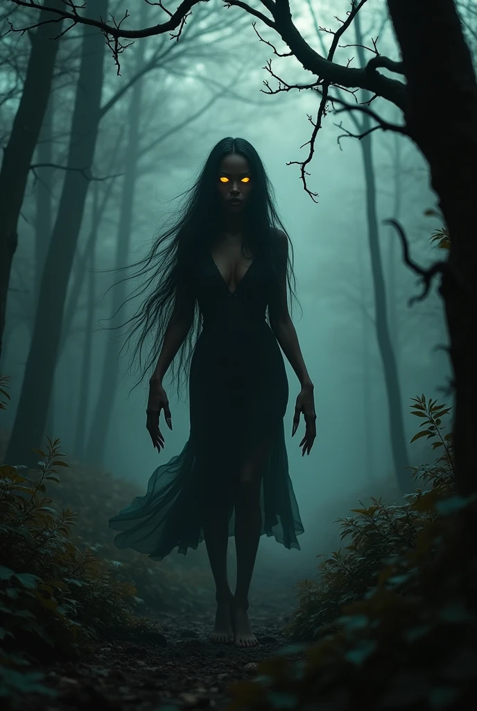 I want a cover for a mystery and horror book in a forest. I want a creature in the form of a woman with long hair down to her feet, dark-skinned, yellow eyes, long, sharp nails and their feet should be backwards.