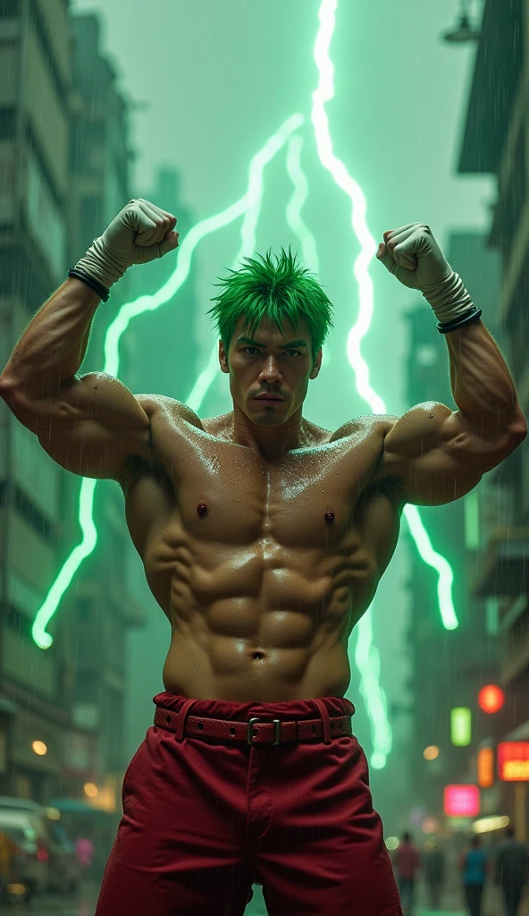 One man　Green Hair　Asia　Japanese　Freckles on cheeks　Perm　Round face　muscle質の体　On nudity　muscle　Red Belt　White Gloves　
Raise your hands　Guts pose　Strong　Strong background　Destroyed city　thunderstorm　Green electricity　