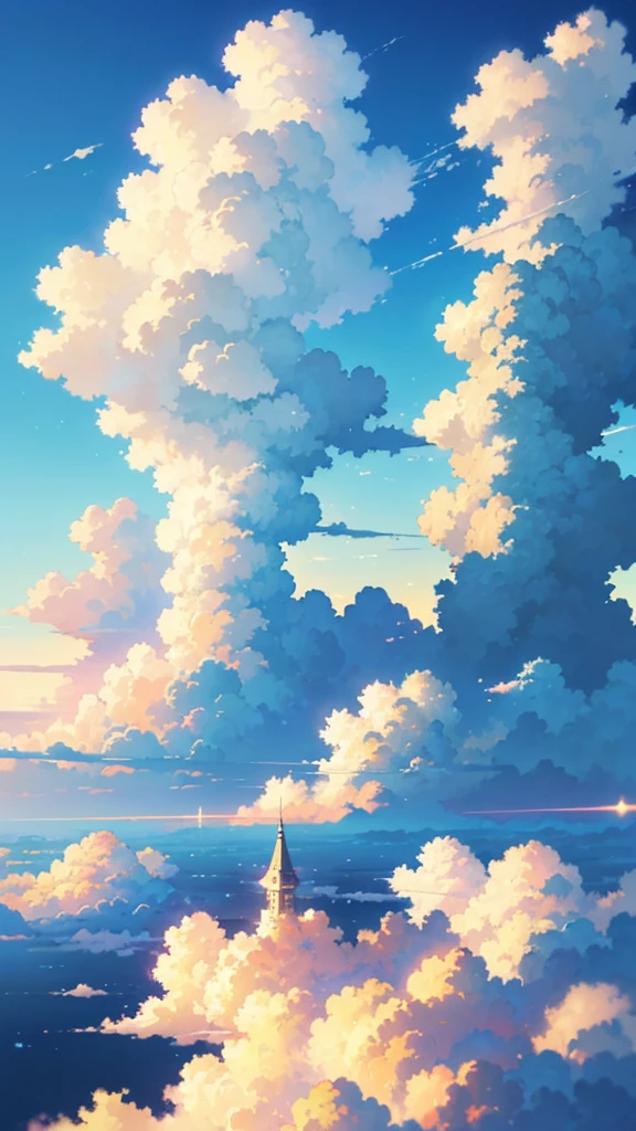anime scenery wallpapers for iphone, a detailed painting by Makoto Shinkai, pixiv, fantastic realism, anime clouds, beautifull puffy clouds. anime, anime sky, anime background, fantasy puffy sky, studio ghibli sky, detailed clouds, cosmic skies. by makoto shinkai, fluffy clouds, hyper realistic clouds, anime atmospheric, anime background art, tall fluffy clouds