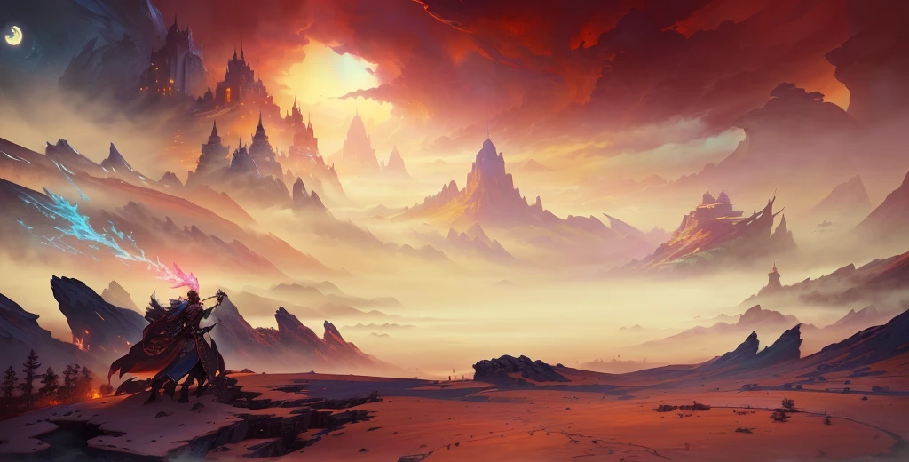 灵感来自Mark Simonetti, art style of Mark Simonetti, epic fantasy novel cover art, style of Mark Simonetti, Mark Simonetti. complex, Fantasy RPG Book Illustrations, 4k fantasy art, Detailed matte fantasy painting, Dungeons and Dragons Fantasy Art, d & d fantasy digital art，Background technology, Concept Art. Epic Landscapes, epic dreamlike fantasy landscape, World of Warcraft art style, painted as a game Concept Art, impressive fantasy landscape, Concept Art stunning atmosphere, Concept Art wallpaper 4k, high fantasy scenery, epic fantasy landscape,nobody