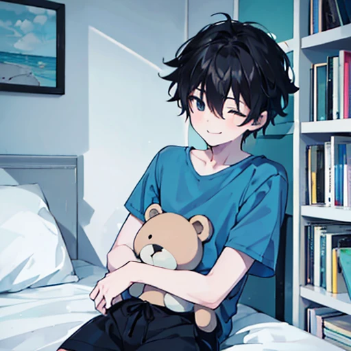 Watercolor, pale colour, One person, He has a teddy bear, Upper body shot only, Black short hair, Focus on the upper body, He is wearing a light blue shirt, Black shorts, He smiles gently., He is sleeping in bed., Bookshelf