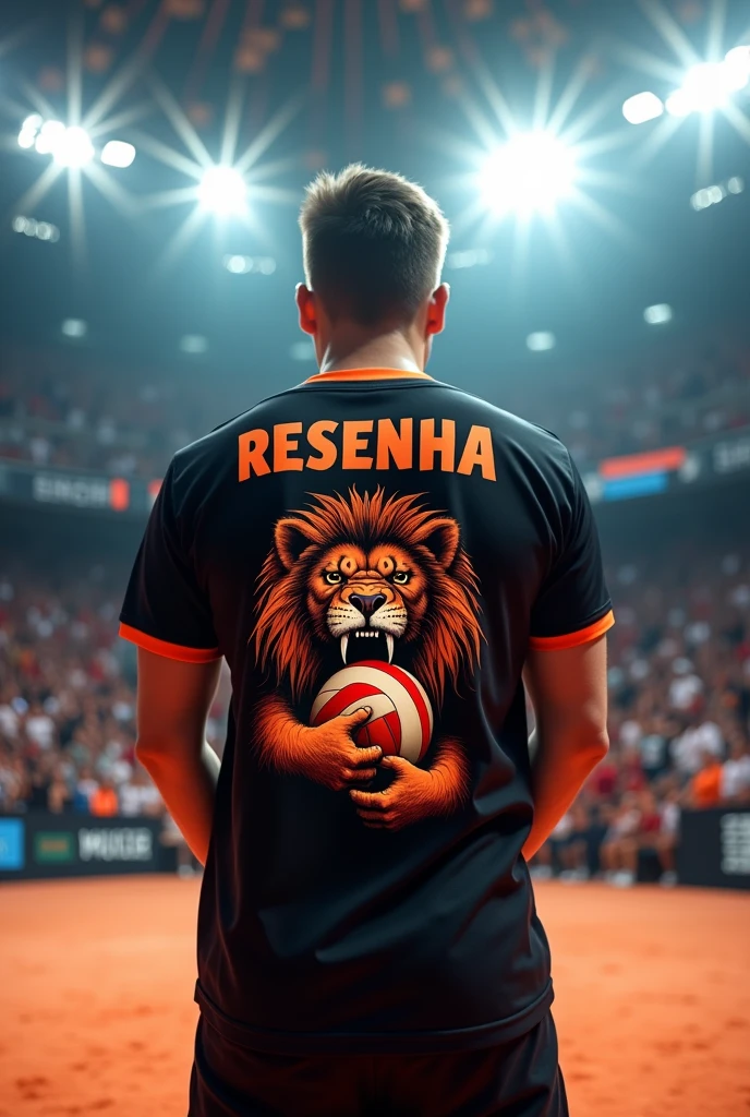 Black and orange Resenha shirt, with team name on chest,  with a print of a lion biting a volleyball 