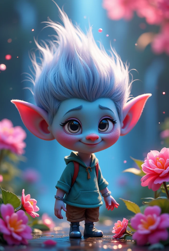 A mount rageous character from the movie "trolls 3" with slightly short greyish blue hair, very pale blue skin and gray eyes and a very androgynous look
