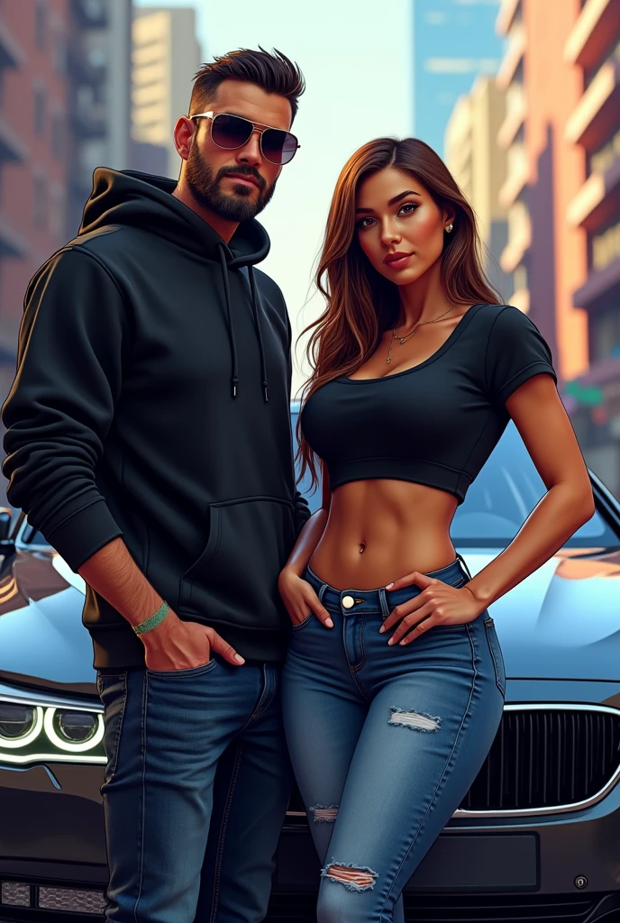 A mature male character with a hoodie and sunglasses looking straight into the camera, with a sexy hot girl, standing in front of BMW car, perfectly big rounded boobs, hourglass body, thick thighs, wearing a t-shirt and tight jeans, grabbing her waist, in GTA VI poster style