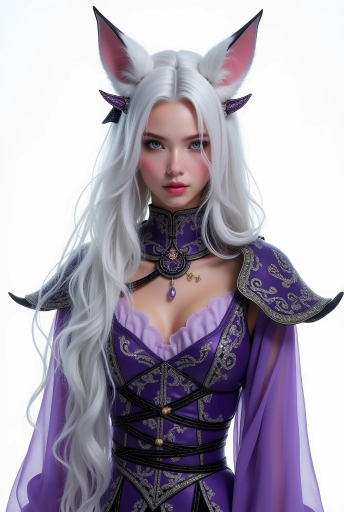 A stock photorealistic of beauty model, with long white hair, wearing sexy mysterious fantasy chineses armor in purple with intricate white and black details. The character has a sexy, intense gaze, and head accesstories, fox ears. She view to the viewer, beautiful and charming expression. White background. Realistic, photorealistic. Full Body
