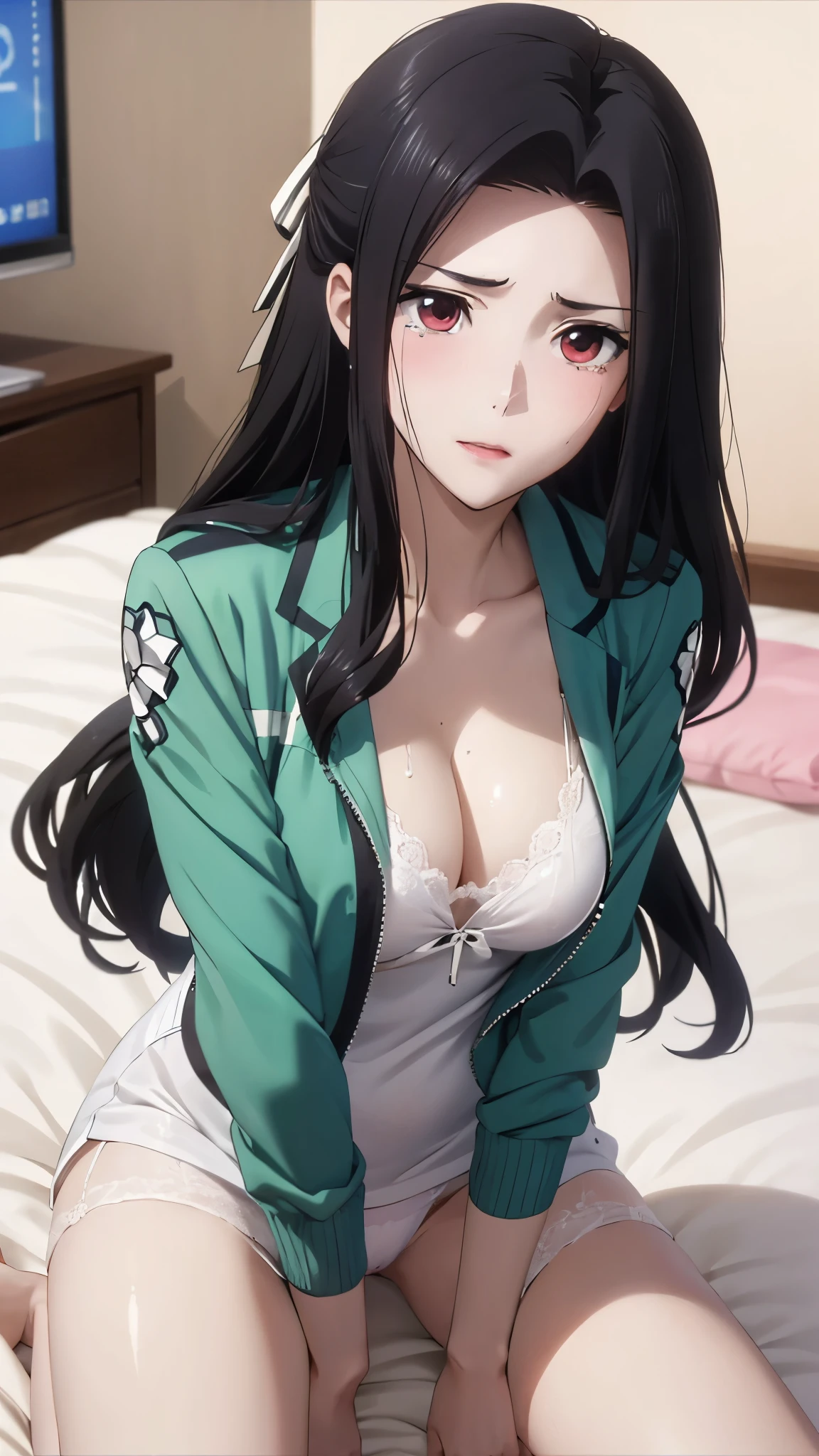 1 personの, alone, masterpiece, Highest quality, The Irregular at Magic High School,Mayumi Saegusa、Mayumi Saegusa、Red Eye, eyelash, Black Hair, Long Hair, Back ribbon, High School Uniform, White dress shirt, Collared dress, Jacket, 緑のJacket, cropped Jacket, open Jacket, Long sleeve,, (masterpiece: 1.3), (Maximum resolution: 1.2), (Ultra HD TV: 1.2), Cinematic Light, 8k resolution, Detailed facial features , (Sharp focus: 1.2), (Focus on the face:1.2),Perfect Style, Beautiful Face, Acura, Anatomically correct, Highly detailed face and skin texture, Beautiful Eyes,Beautiful Eyes, Thin eyebrows, Natural Cheeks, Glowing Skin, Fair skin: 1.2, (Glossy Lips: 1.4),、 (Embarrassed look: 1.2),Highly detailed face and skin texture, Natural Cheeks, , Glossy Lips: 1.4,Perfect Style、Cleavage、Soft Breasts、(Semen on chest:1.6)(Cum on thighs 1.5)、 Sperm on tongue、Drenched in sweat、Wet clothes、blush、A humiliating look、Anxious expression、Frightened expression、Embarrassed look、Glare、anger、sorrow、tears、(Open your knees:1.5)、(Open your crotch to show your panties:1.8)、 White underwear、Disheveled clothes、sweating、Thin underwear、18-year-old、 clear, A clean-cut woman,1 person、 Upward-facing chest, Black Hair、Beautiful Eyes、Torn clothing、Blowjob gestures、At the bed、(On my back、At the bedLying down、Lying down、White sheets:1.7)、avert your eyes、
