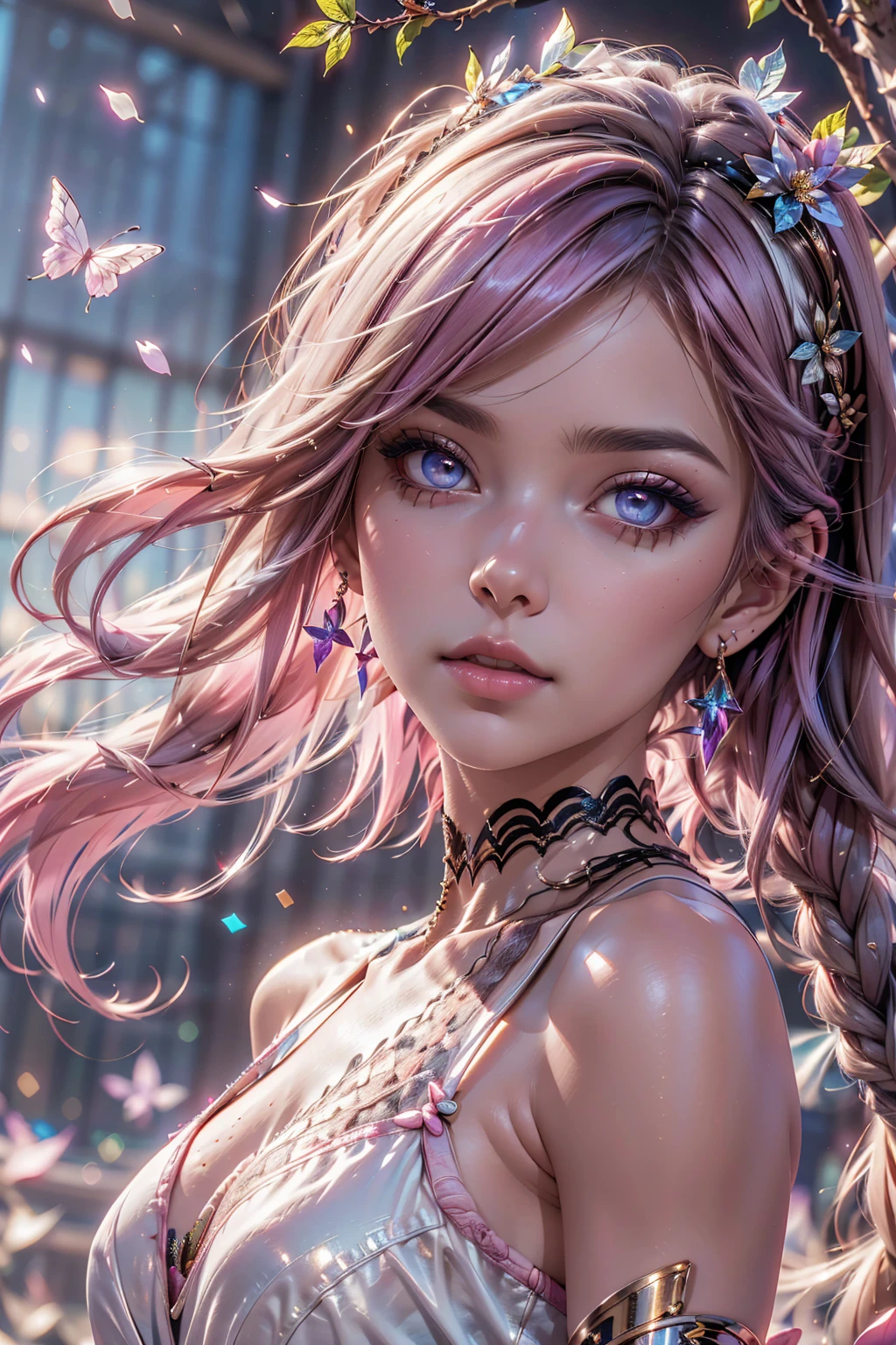 (CG unity 8k wallpaper extremely detailed) (better quality) (better lighting) (an extremely delicate and beautiful) (floating) (beautiful) (spring atmosphere) (1girl) (long pink hair), (hair headband), (detailed and beautiful blue eyes), ((very short white dress, pink lace underside), (lace), ((light transparent silk))), (cherry blossom petals), (butterflies), (dof), (volumetric light) cinematic lighting, chromatic aberration, Sony FE GM, textured skin, high details, highres, 8k