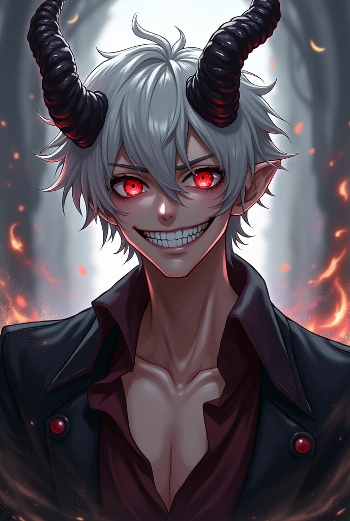 Demon Souls, ager, pose sexy, horns, Red eyes, by white, anime, portrait, Ahegao, masculine, big smile, white hair, Ahegao.