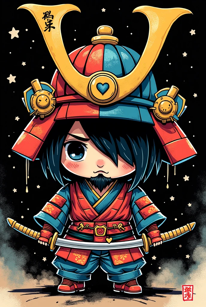 An abstract comic-style illustration of a chibi samurai from the Edo period. The samurai’s head is prominently displayed, with one side being more detailed than the other. The samurai is painted in vibrant colors, including red, Blue, yellow, and black. He is holding a katana, and on the blade, there is a small heart and the bold kanji logo “侍魂” (Samurai Spirit). The background is black, with scribbles and brush strokes added to give the piece texture and depth.