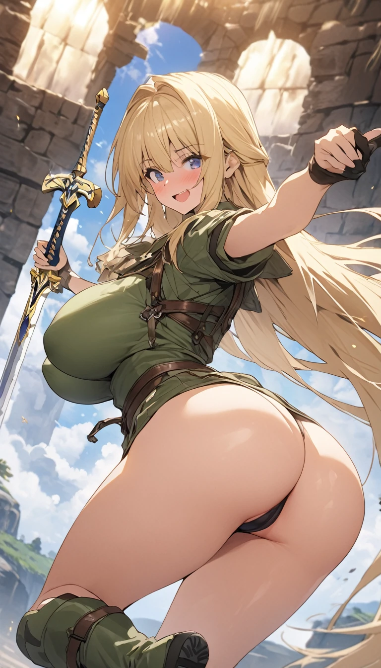 Ultra-high definition image quality、beautiful girl、Female Swordsman、Light Armor、Green Boots、Long Hair、blonde、20-year-old、have confidence々face、Very short tight skirt、Cowgirl、wilderness、Highest quality,Big Ass、Big Breasts、Thighs、Grasping the hilt of the holy sword Excalibur、Black panties、Kick off with your feet and jump、Joan of Arc style clothing、Wind King Barrier、Her hair is fluttering in the wind、The Sword of Promised Victory、god々Wearing a bright aura、Big Ass、Valkyrie