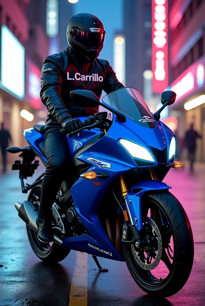 Blue suzuki gixxer naked type motorcycle with the name L_Carrillo in jacket