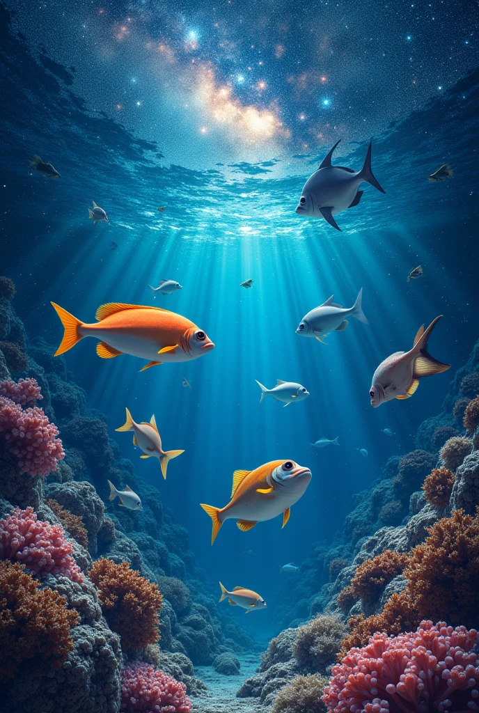 Starry Sky, art, as under deep sea lighting, Lots of sparkling stars、 realistic, fish、Ray、octopus、squid、熱帯fish、in deep space, cosmic shower、