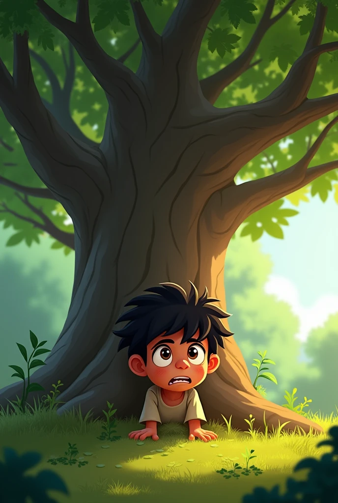 In cinematic 2d cartoon style "Raju hiding behind a large tree, his face filled with fear as he looks around nervously"