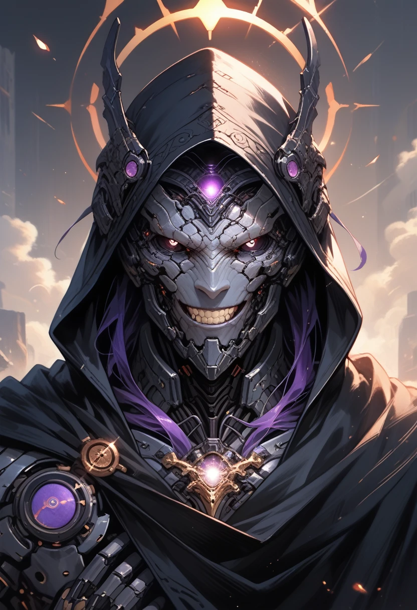 1 male,solo,grey skin, villian,black mechanical armor,full armor,detailed texture,fantasy,smile teeth,pale skin,energy veins on armor,black cloak,black hood, Eyes glowing purple,black sclera,glowing eyes,detailed,(machina),blue mix purple ornament,detailed texture,black colour halo,detailed face,