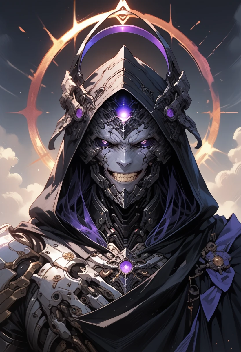 1 male,solo,grey skin, villian,black mechanical armor,full armor,detailed texture,fantasy,smile teeth,pale skin,energy veins on armor,black cloak,black hood, Eyes glowing purple,black sclera,glowing eyes,detailed,(machina),blue mix purple ornament,detailed texture,black colour halo,detailed face,