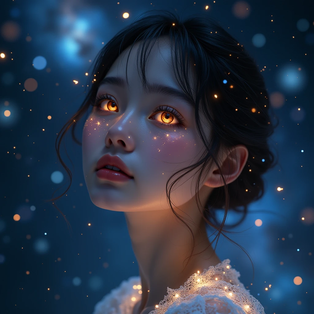 a fantasy girl swimming in the starry sky, beautiful detailed eyes, beautiful detailed lips, extremely detailed face and hair, long eyelashes, porcelain skin, elegant posture, glowing ethereal aura, cosmic background, nebulae and galaxies, vibrant colors, cinematic lighting, digital art, highly detailed, 8k, photorealistic, masterpiece